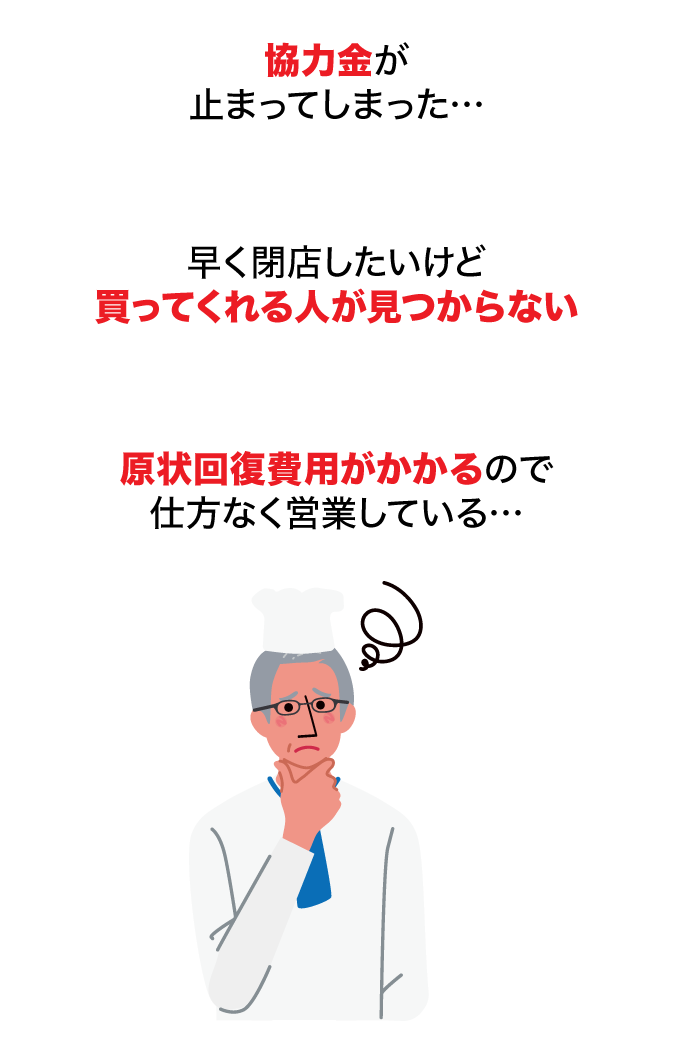 協力金が止まってしまった…早く閉店したいけど買ってくれる人が見つからない…原状回復費用がかかるので仕方なく営業している…